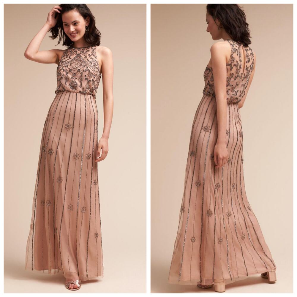 BHLDN Pink Embellished Pleated Midi Gown